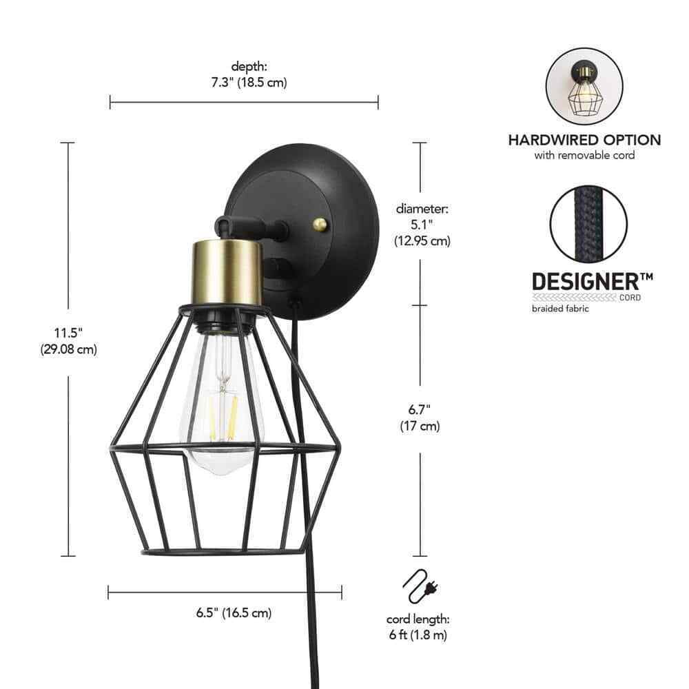 Hampton Bay Bryson 1-Light Matte Black and Brass Wall Sconce 65741
