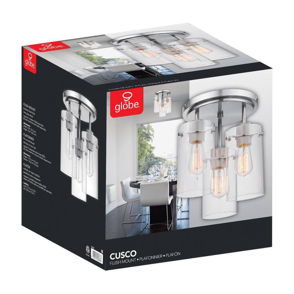 Globe Electric Cusco 13 in. 3-Light Brushed Steel Semi-Flush Mount Ceiling Light