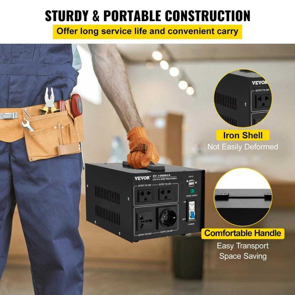 VEVOR Voltage Converter 1000-Watt 110-Volt/240-Volt US/EU Outlet USB Port