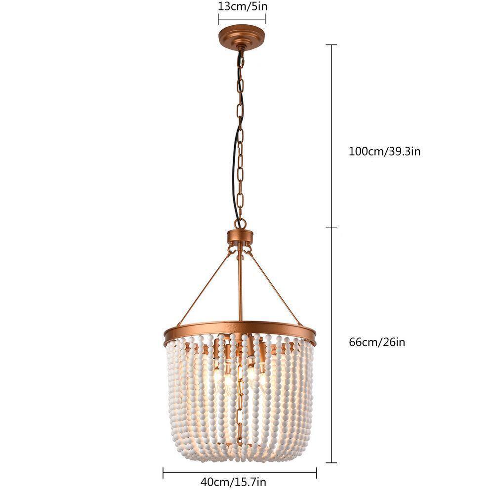 OUKANING 4-Light Gold Retro Farmhouse Beaded Pendant Light with Wood Bead Shade