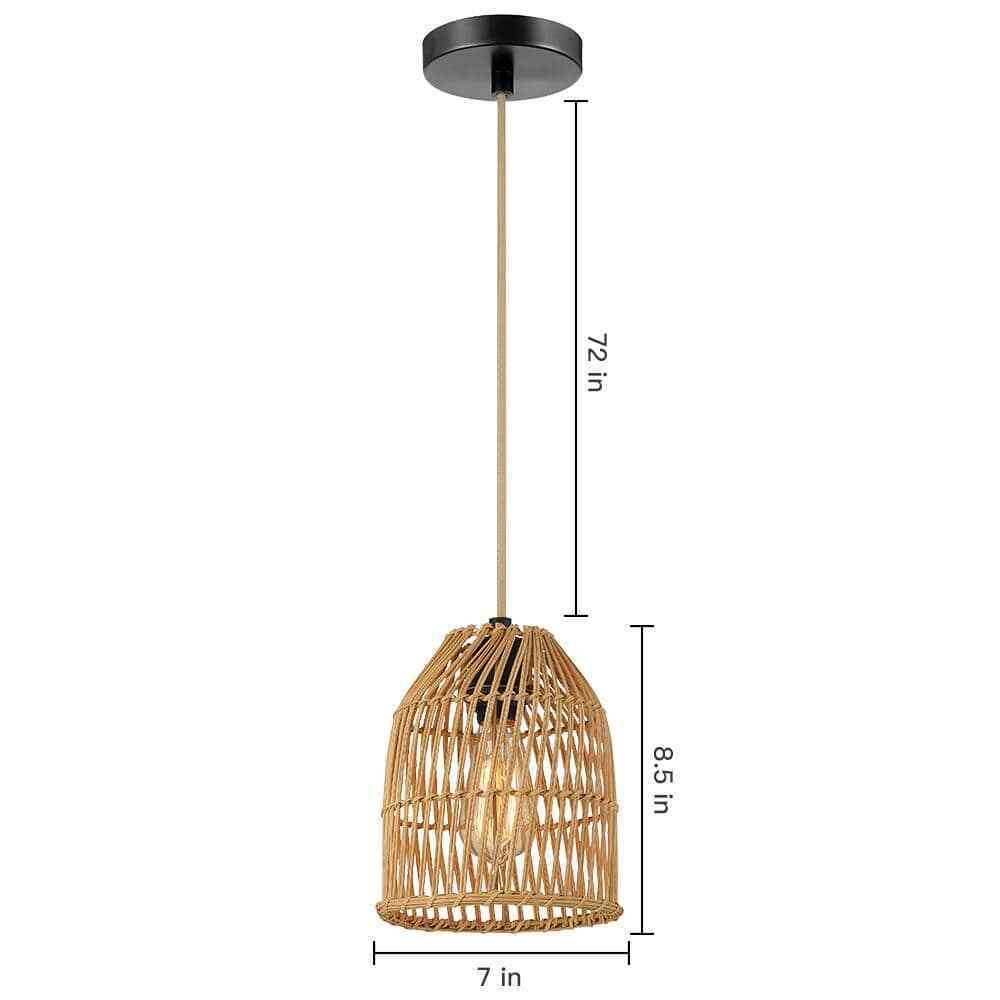 Cinkeda 1-Light Brown Bowl Pendant Light with Natural Rattan Shape DD-79