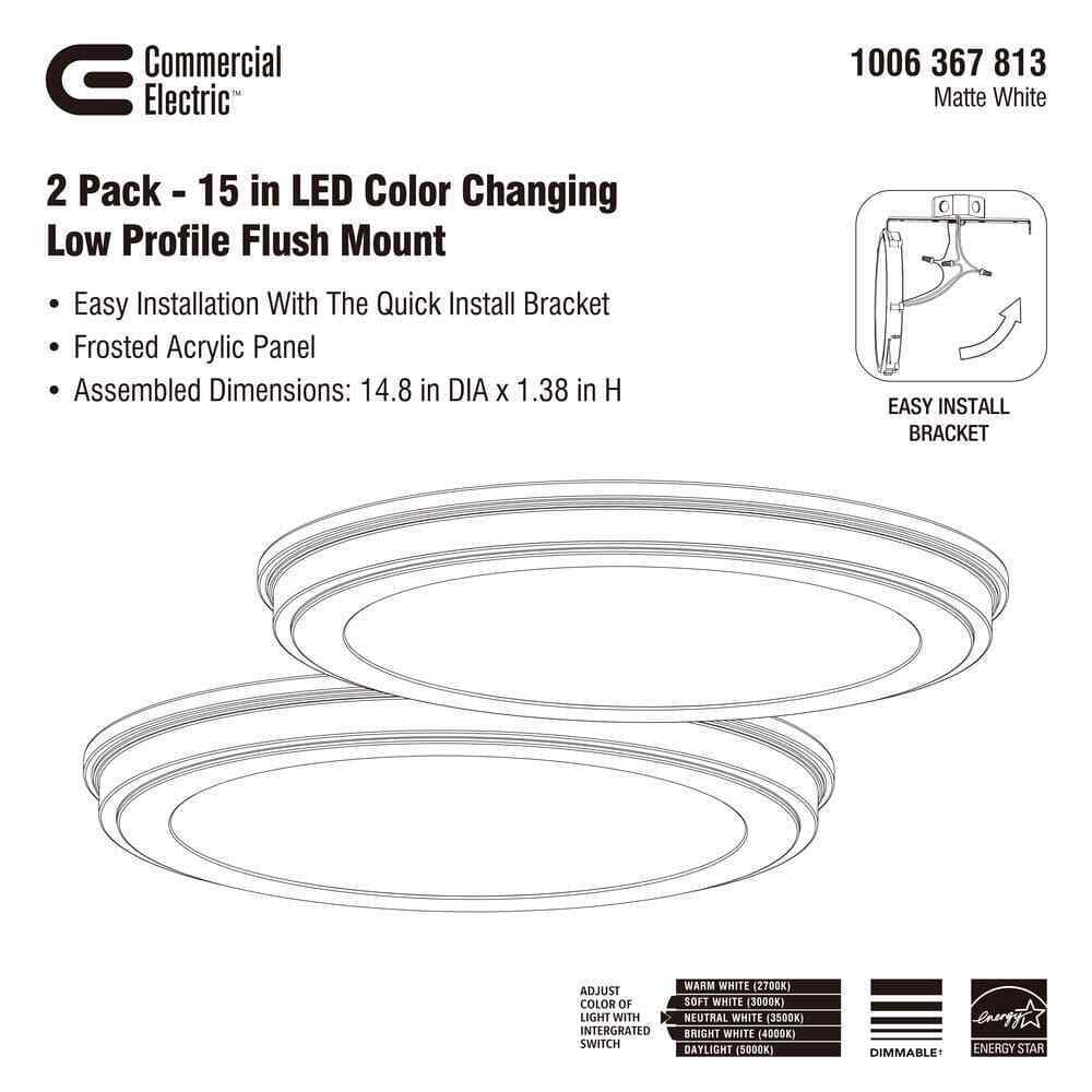 Commercial Electric 15 in. Matte White 5-CCT LED Round Flush Mount 2-Pack