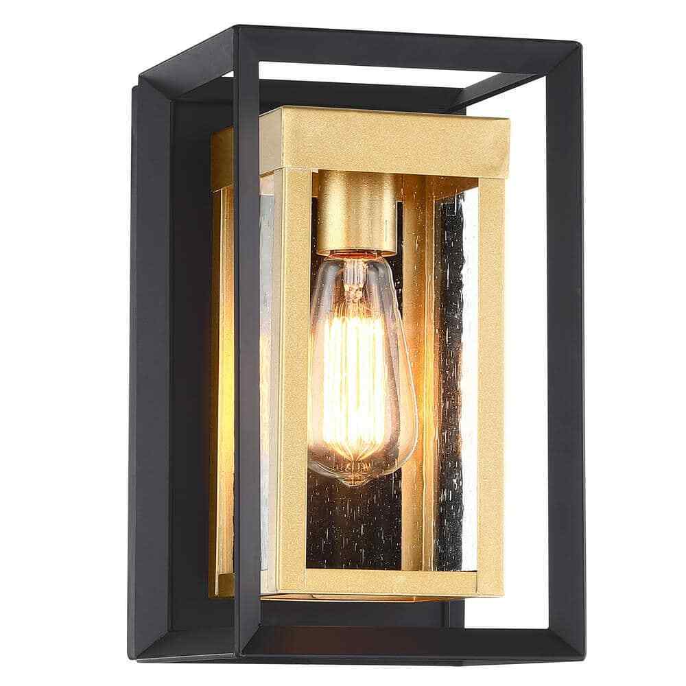 Pia Ricco 1-Light Matte Black + Golden Outdoor Fixture Wall Lantern Sconce