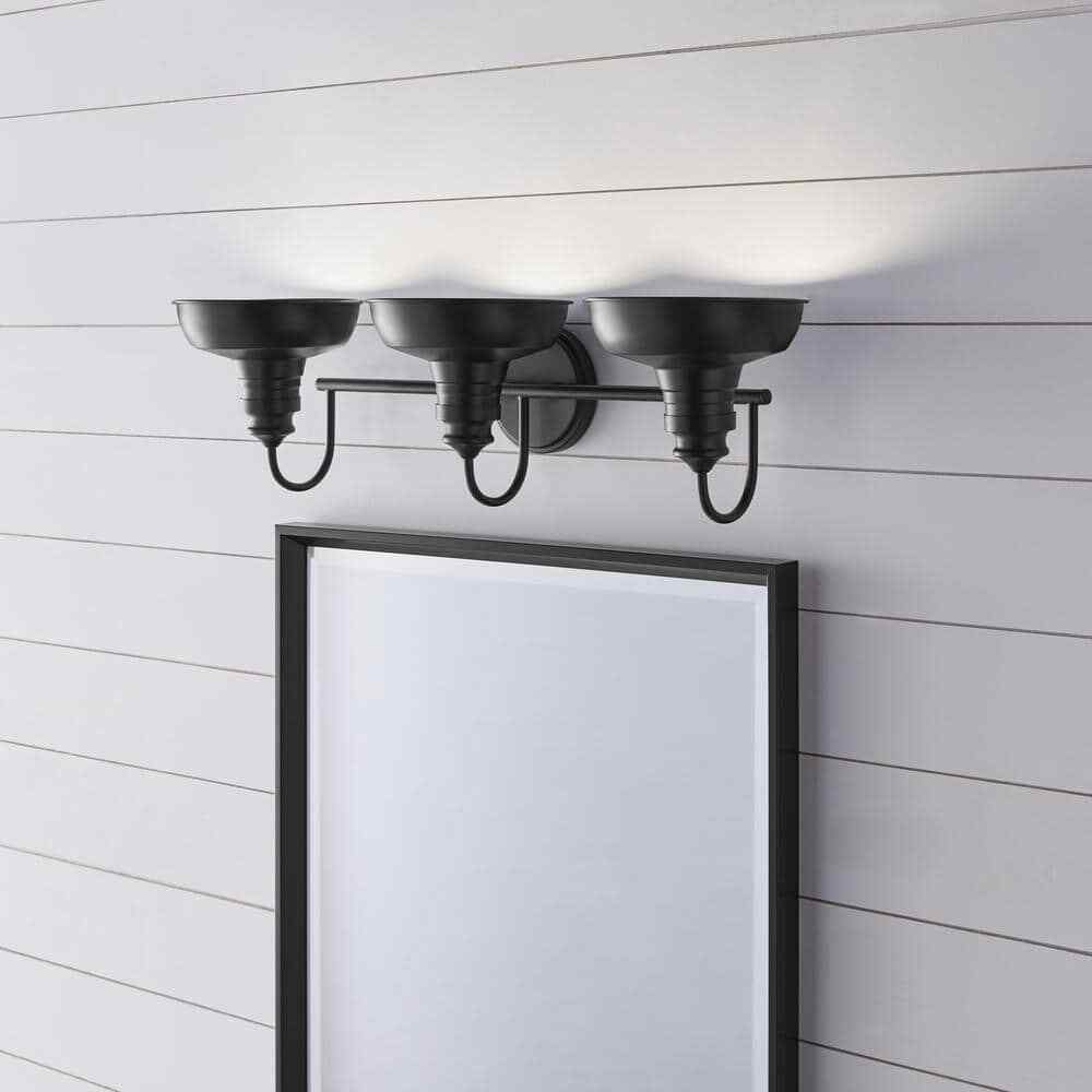 Hampton Bay 29 in. Elmcroft 3-Light Matte Black Vanity Light w/ Metal Shades