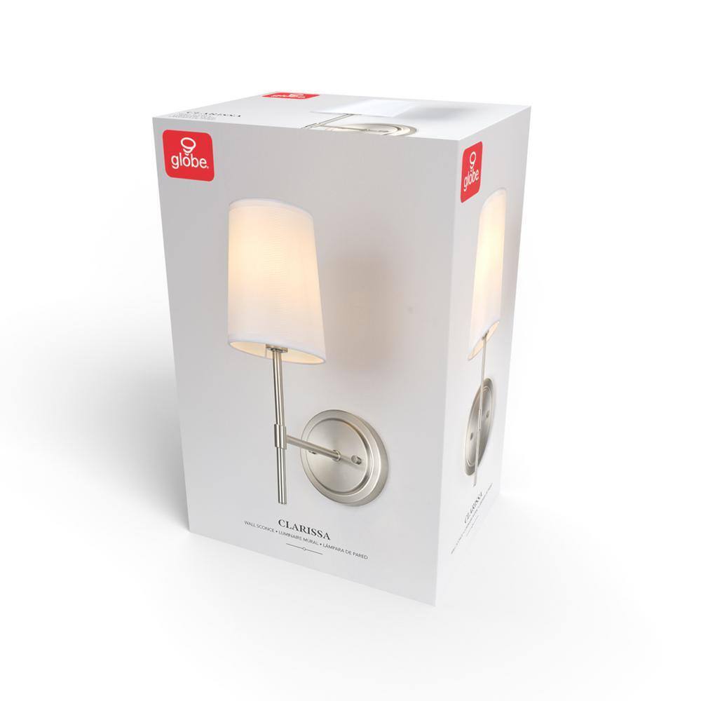Globe Electric Clarissa 1-Light Brushed Nickel Wall Sconce w/ White Fabric Shade