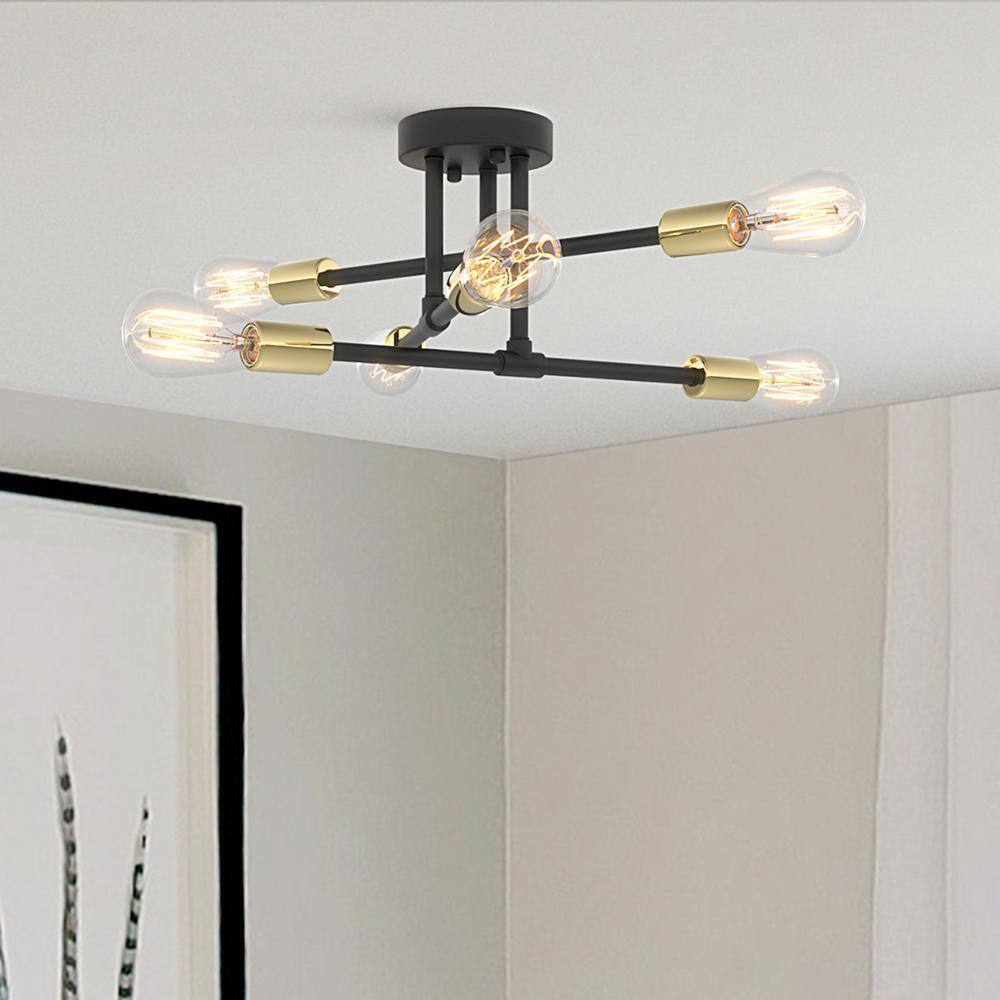 Cedar Hill 17.5 in. 6-Light Black Sputnik Semi-Flush Mount Ceiling Light 410819
