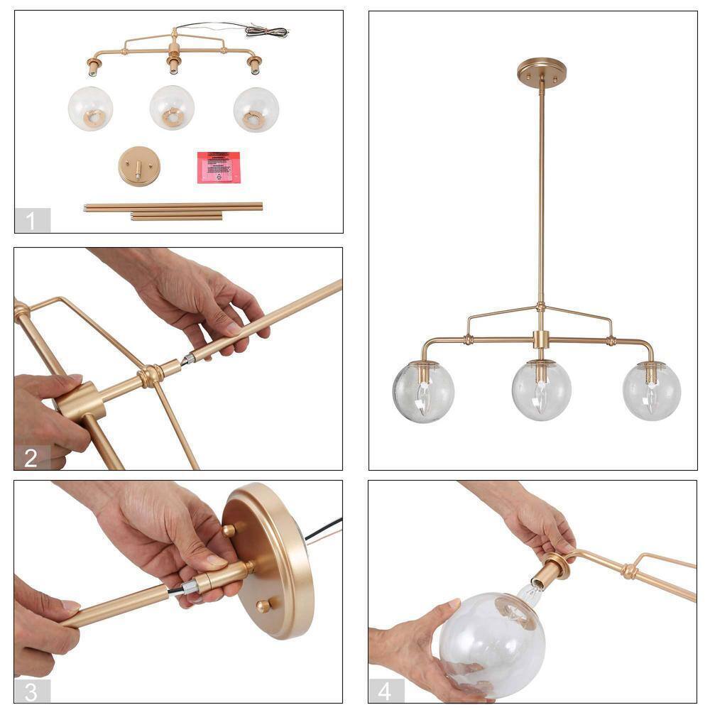 Uolfin Gold Globe Island Chandelier Naomi 25.5 in. 3-Light Linear Dining Pendant