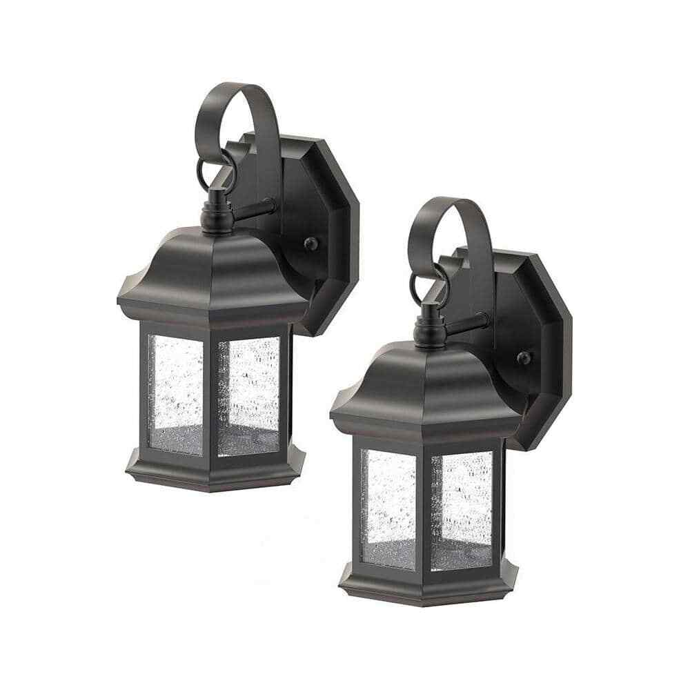 Hampton Bay 1-Light Black Outdoor Wall Light Fixture with Seeded Glass 2-Pack