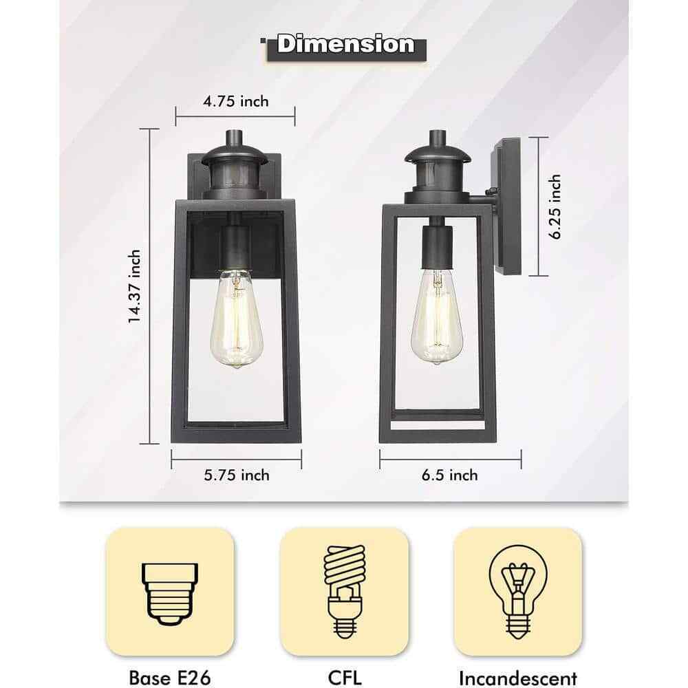 JAZAVA 1-Light Black Dusk to Dawn Motion Sensing Outdoor Lantern Light Sconce
