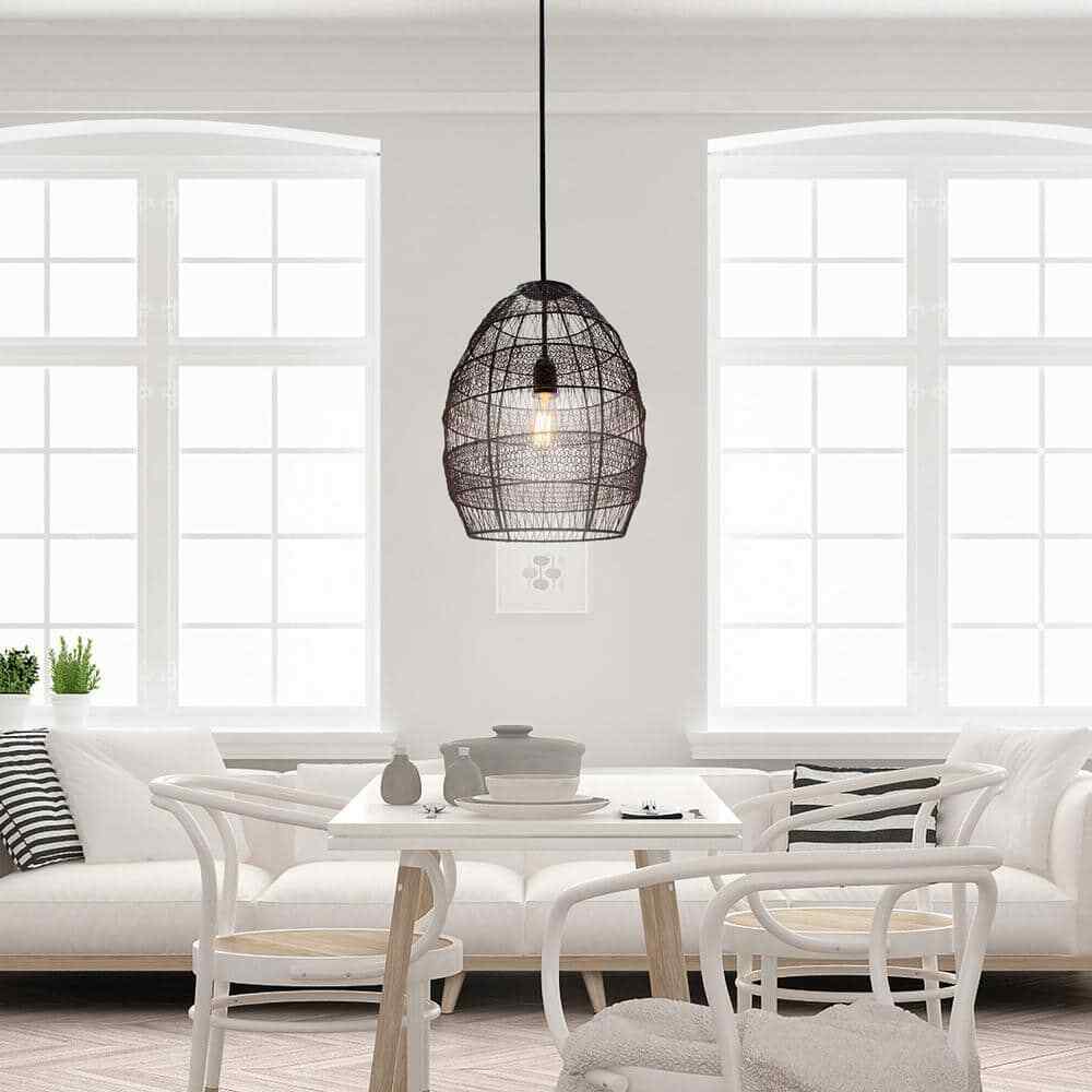 River of Goods 1-Light Black Pendant with Oversized Woven Shade