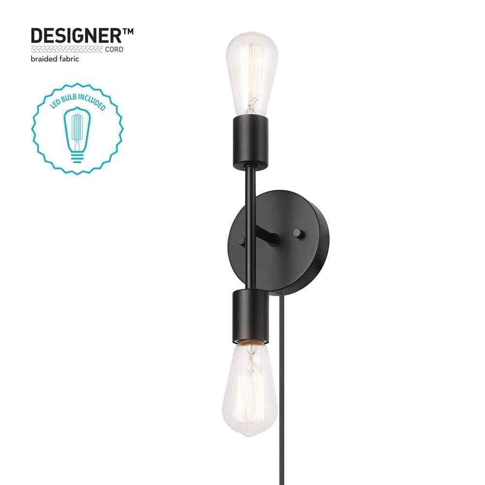 Hampton Bay Stockport 2-Light Matte Black Wall Sconce Bulb Included 65874