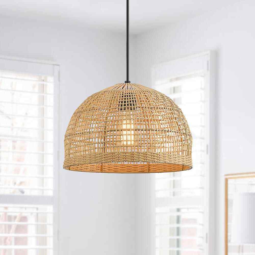 TRUE FINE Bungalo 1-Light Black/Wheat Bohemian Island Pendant w/ Rattan Shade
