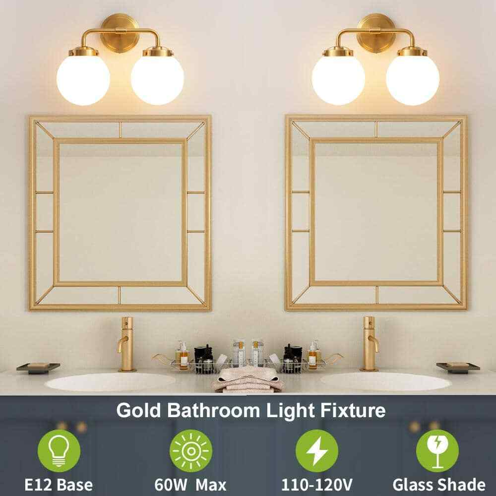 Deyidn 2-Light Gold Bathroom Bathroom Vanity Light w/ Opal Glass Shades