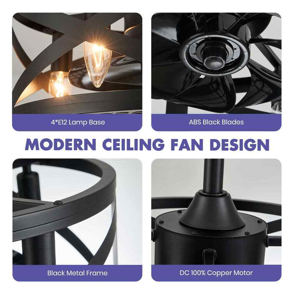ANTOINE 17 in. Black Ceiling Fan Farmhouse Caged Ceiling Fan w/ Lights + Remote