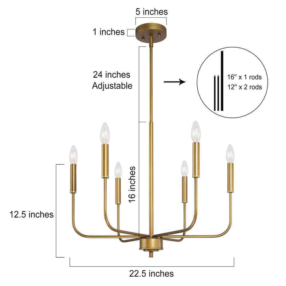 Uolfin Modern Dark Gold Linear Chandelier, 6-Light Candlestick Pendant Light