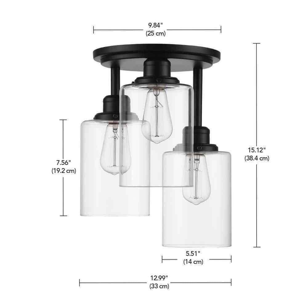 Globe Electric Annecy 13 in. 3-Light Matte Black Semi-Flush Mount