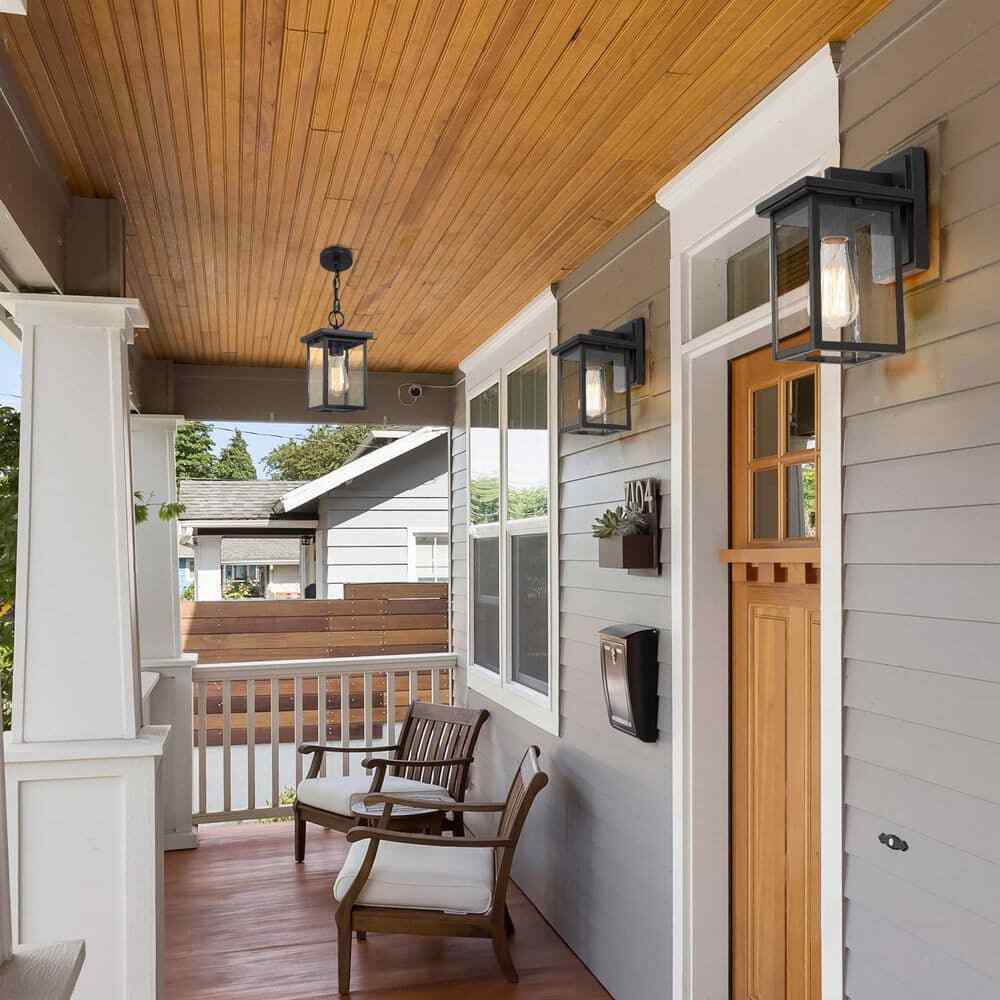 LNC Matte Black Modern Outdoor Wall Lantern Sconce with Clear Seeded Glass Shade