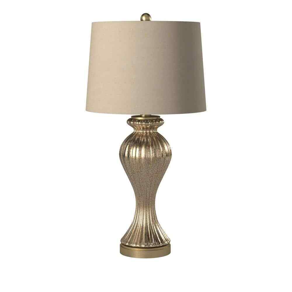 StyleCraft 32 in. Glimmer Bronze Table Lamp with Beige Hardback Fabric Shade