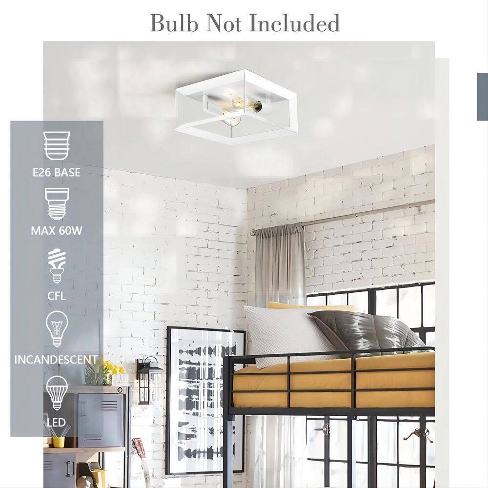 JAZAVA Farmhouse 11.5 in. 2-Light White Square Cage Flush Mount Ceiling Light