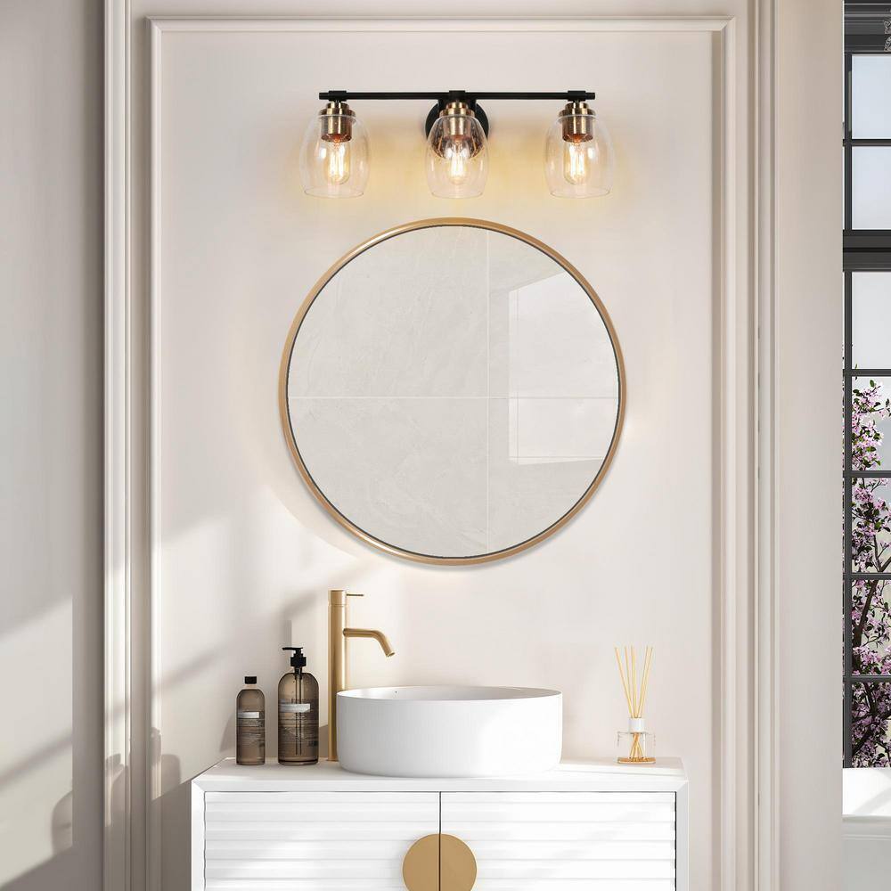 Uolfin Black Vanity Light 24.4 in. 3-Light Brass Gold Bell Vanity w/Seeded Glass