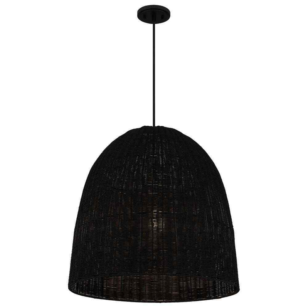 Hampton Bay Highler 1-Light Matte Black Pendant with Matte Black Rattan Shade