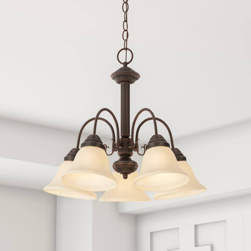 SATCO 5-Light Mahogany Bronze Chandelier w/ Champagne Linen Washed Glass Shade