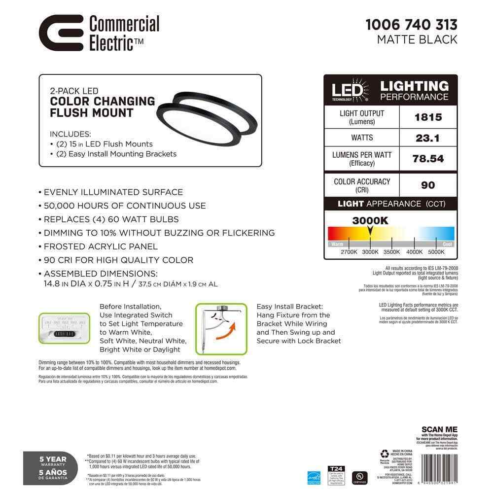 Commercial Electric 15 in. Black Ultra-Low Profile LED Flush Mount 5CCT 2-Pack