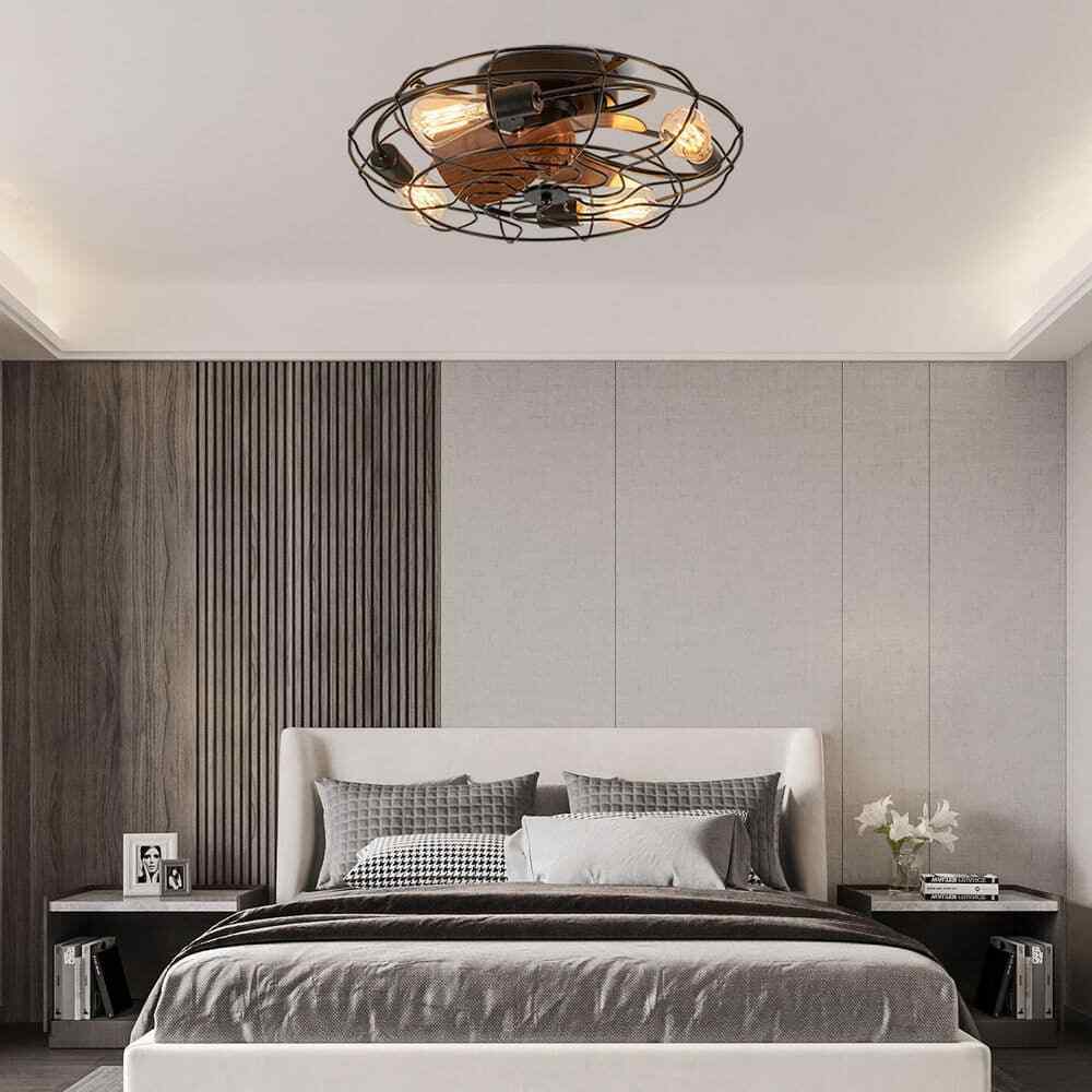 ANTOINE 20 in. 4-Light Indoor Black Wood Grain Industrial Metal Cage Ceiling Fan