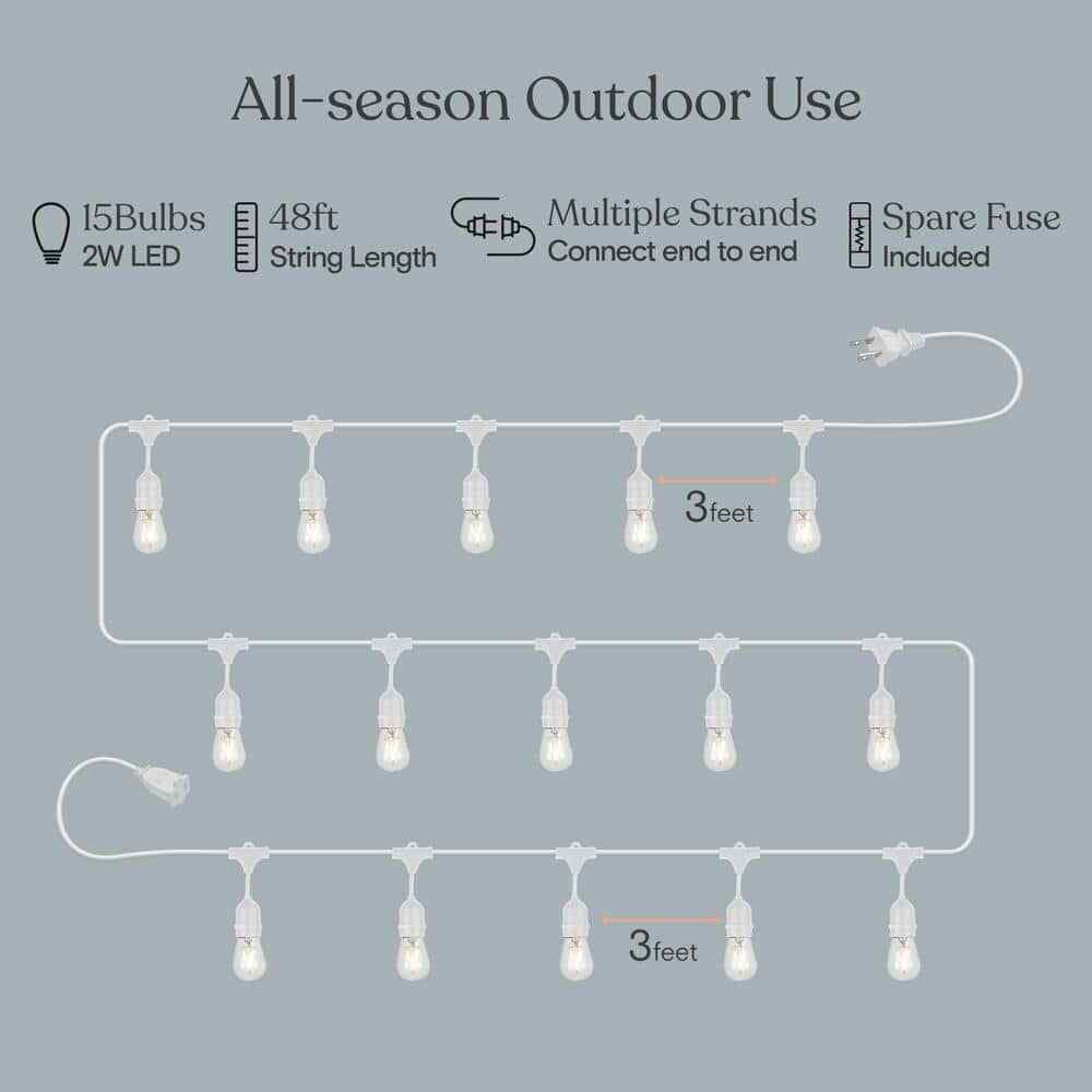 Brightech Ambience Pro White 15-Light 48 ft. LED S14 Edison Bulb String-Light