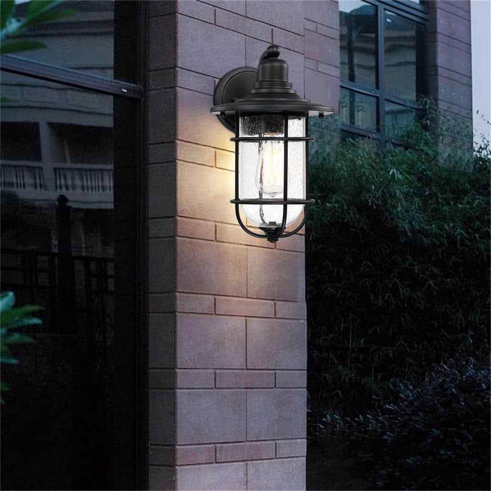 Hukoro Martin 1-Light Black Outdoor Wall Lantern Sconce with Seed Glass Shade