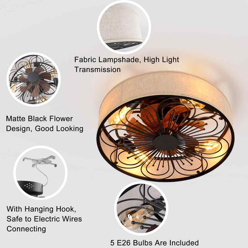TOZING Indoor Bronze Fabric Farmhouse Flush Ceiling Fan w/ Light Kit and Remote