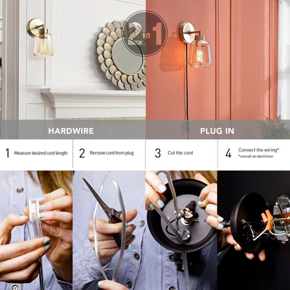 Globe Electric Salma 1-Light Matte Brass Wall Sconce w/ Smoked Amber Glass Shade