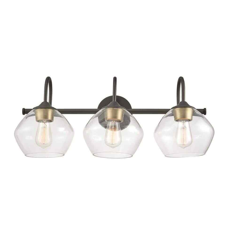 Globe Harrow 26.3 in. 3-Light Dark Bronze Vanity w/Brass Accents and Clear Glass