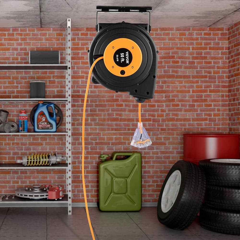 VEVOR 50 ft. 13 Amp Extension Cord Reel w/ Lighted Triple Outlet Circuit Breaker