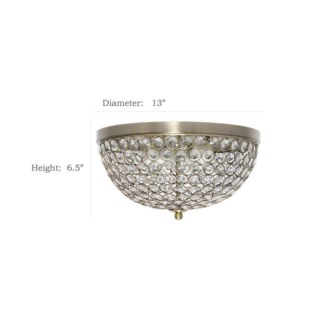 Elegant Designs Elipse 13 in. 2-Light Antique Brass and Crystal Flush Mount