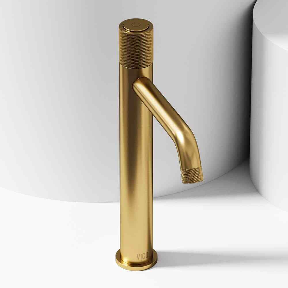 VIGO Apollo Button Operated Single-Hole Bathroom Vessel Faucet Matte Brush Gold