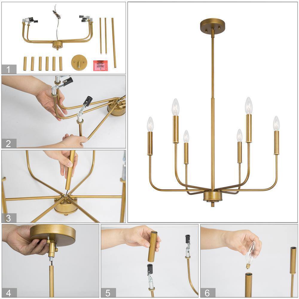 Uolfin Modern Dark Gold Linear Chandelier, 6-Light Candlestick Pendant Light