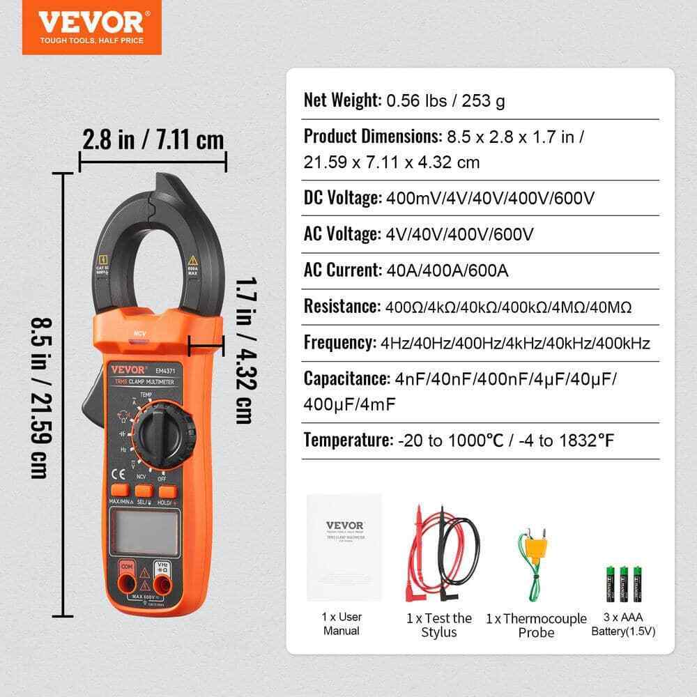 VEVOR 600 Amp Digital Clamp Meter DC/AC Multimeter True RMS Auto Ranging