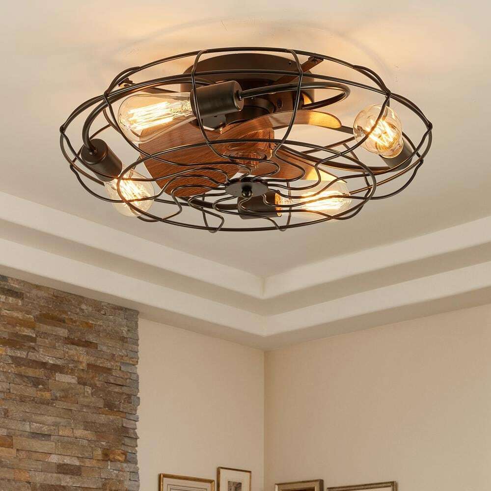ANTOINE 20 in. 4-Light Indoor Black Wood Grain Industrial Metal Cage Ceiling Fan