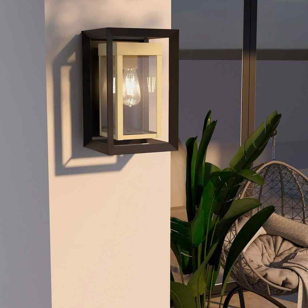 Pia Ricco 1-Light Matte Black + Golden Outdoor Fixture Wall Lantern Sconce