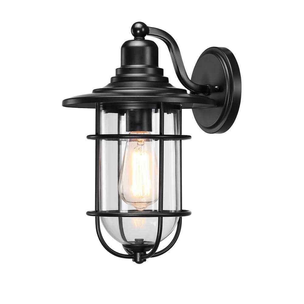 Hukoro Martin 1-Light Black Outdoor Wall Lantern Sconce with Seed Glass Shade