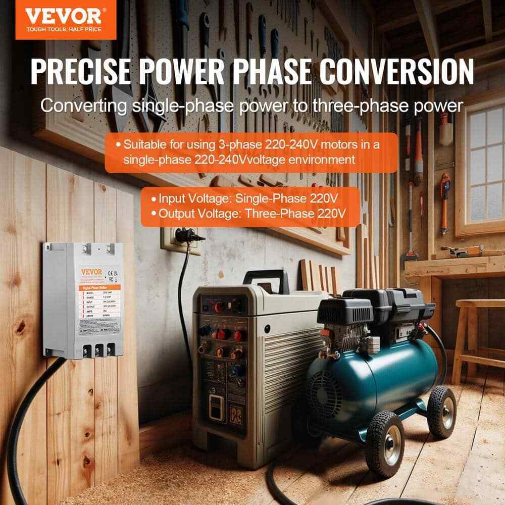 VEVOR 3 Phase Converter 10HP 30 Amp 220-Volt 1 Phase to 3 Phase Shifter