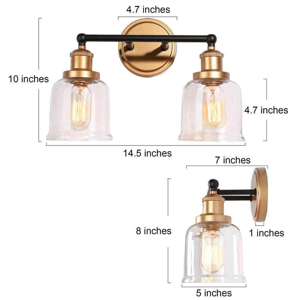 Uolfin Modern Dome Bathroom 2-Light Black and Brass Bell Wall Sconce Light