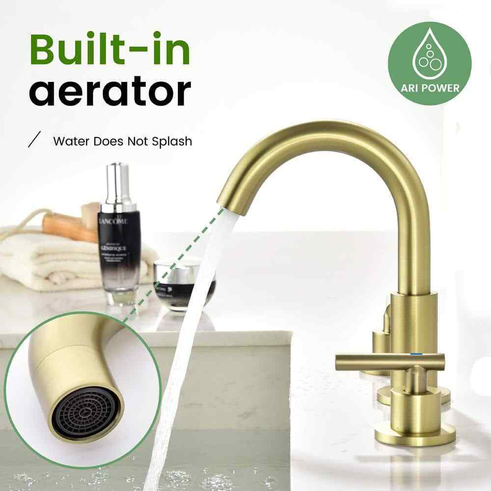 UKISHIRO 8 in. Widespread Double Handle High-Arc Bathroom Faucet in Brushed Gold
