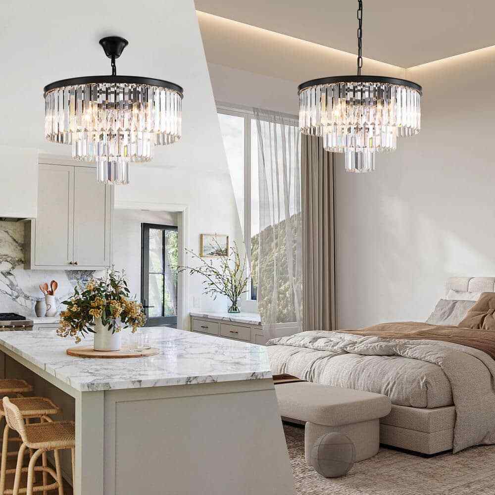 SILJOY 6-Lights Black Crystal Chandeliers 20 in. for Dining Room Bedroom