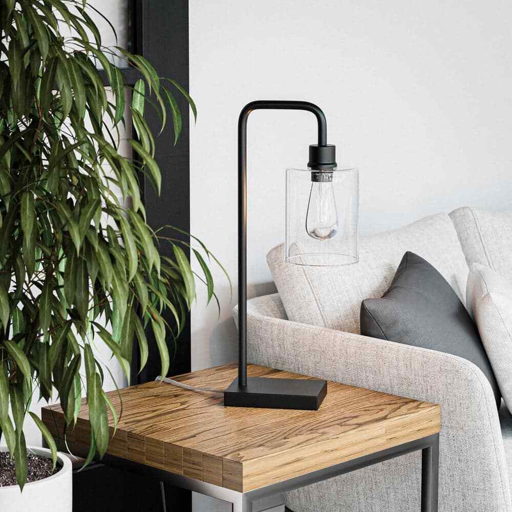 Hampton Bay Andra 22.5 in. Black Desk Lamp with Seeded Glass Shade and USB Port