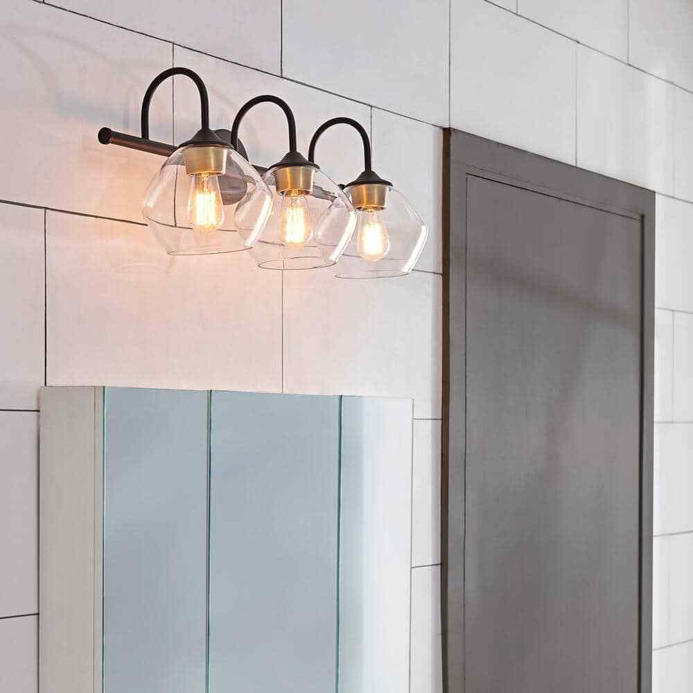 Globe Harrow 26.3 in. 3-Light Dark Bronze Vanity w/Brass Accents and Clear Glass