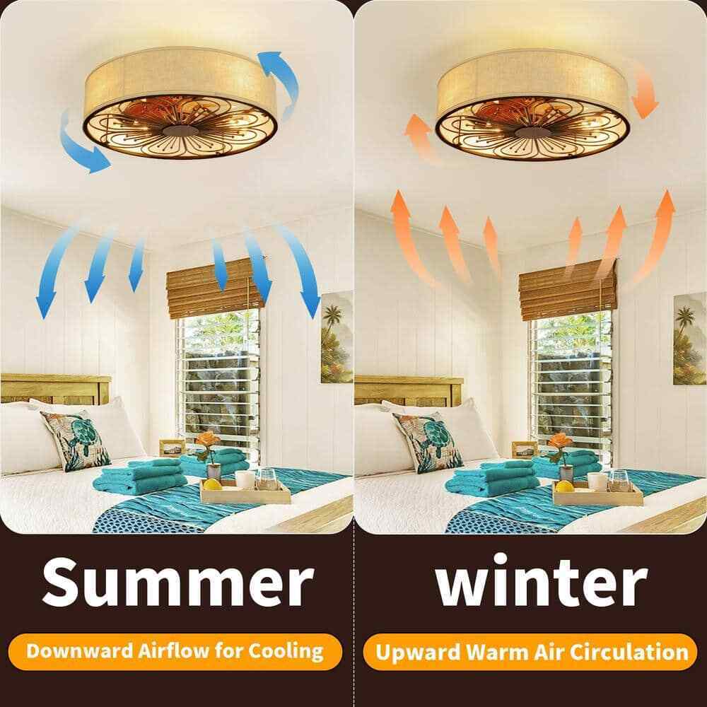 TOZING Indoor Bronze Fabric Farmhouse Flush Ceiling Fan w/ Light Kit and Remote