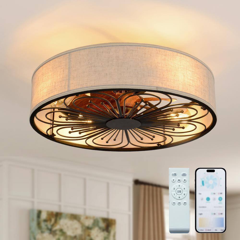 TOZING Indoor Bronze Fabric Farmhouse Flush Ceiling Fan w/ Light Kit and Remote