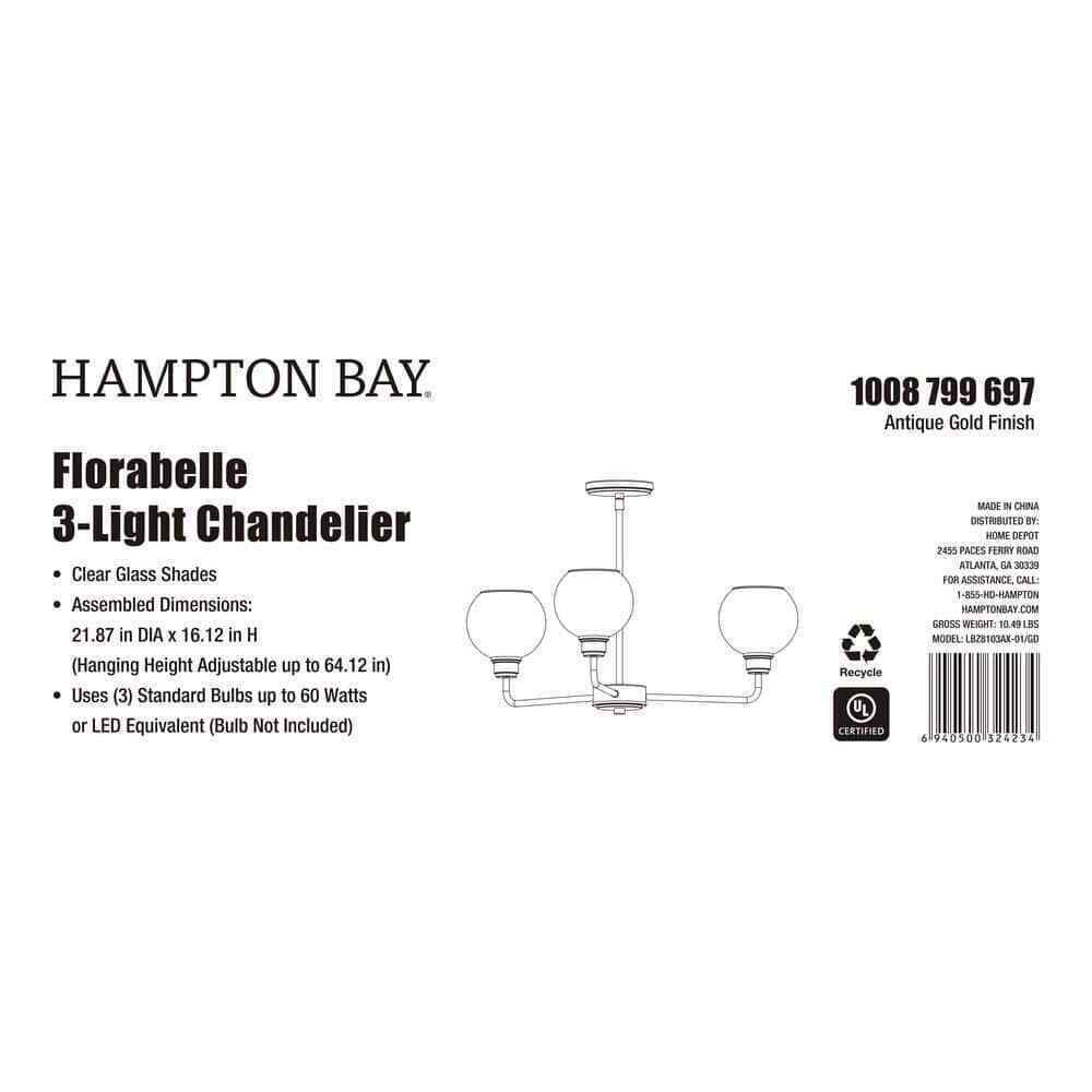 Hampton Bay Florabelle 3-Light Chandelier Antique Gold Clear Globe Glass Shades